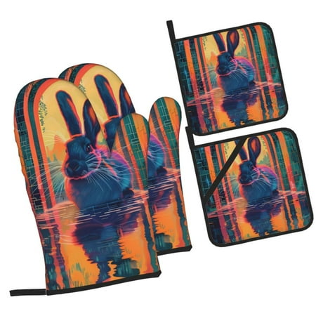 

Tebeau Neon Rabbit In Archway Print 4 Pcs Oven Mitts and Pot Holders 500°F High Heat Resistant Kitchen Oven Mitts with Pot holders Long Oven Mitts for Baking and Cooking