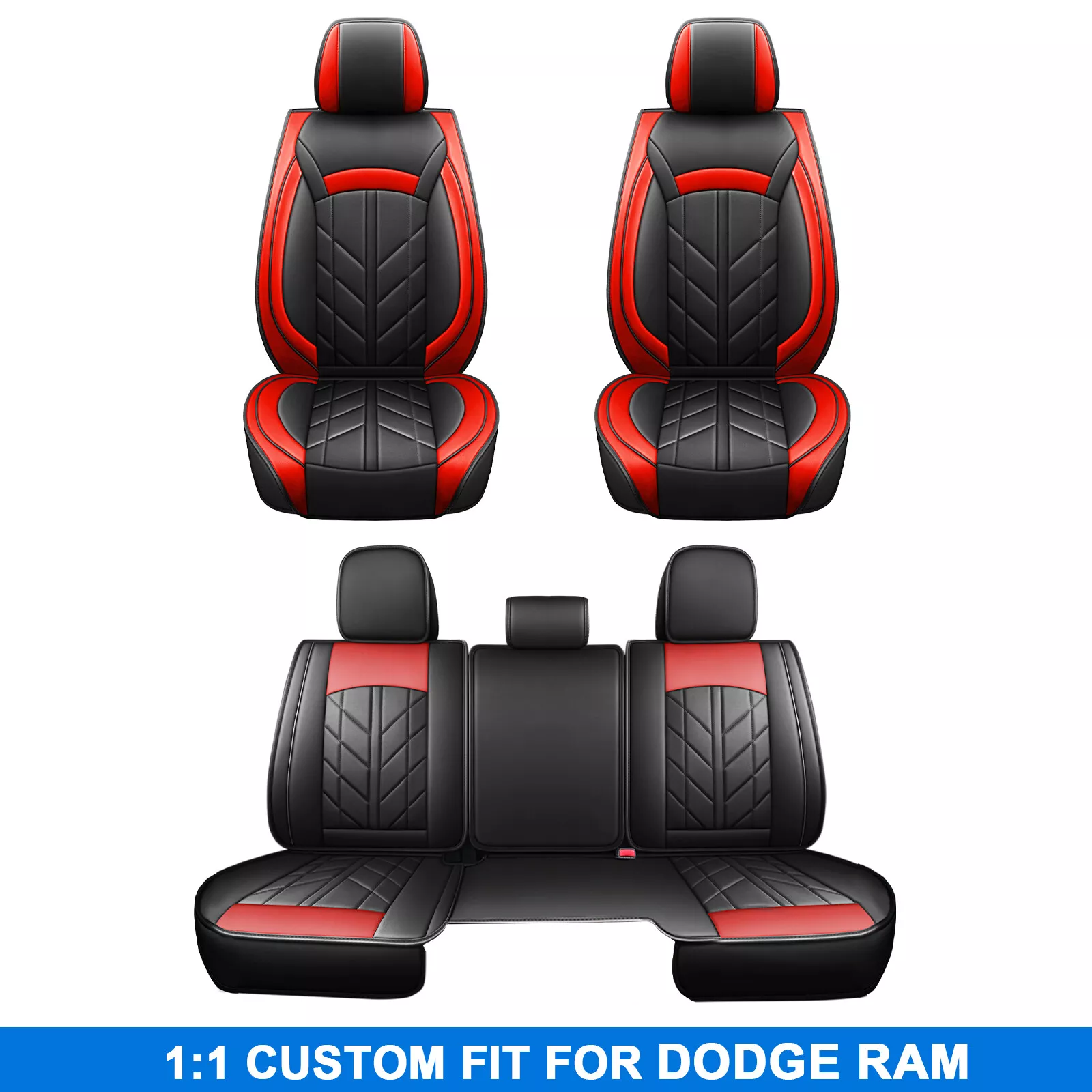 Custom Fit for Dodge Ram 1500 2500 3500 2009-2023 Car Seat Covers, Luxury Faux Leather Front Rear Seat Pickup Cushion Protector Black Red