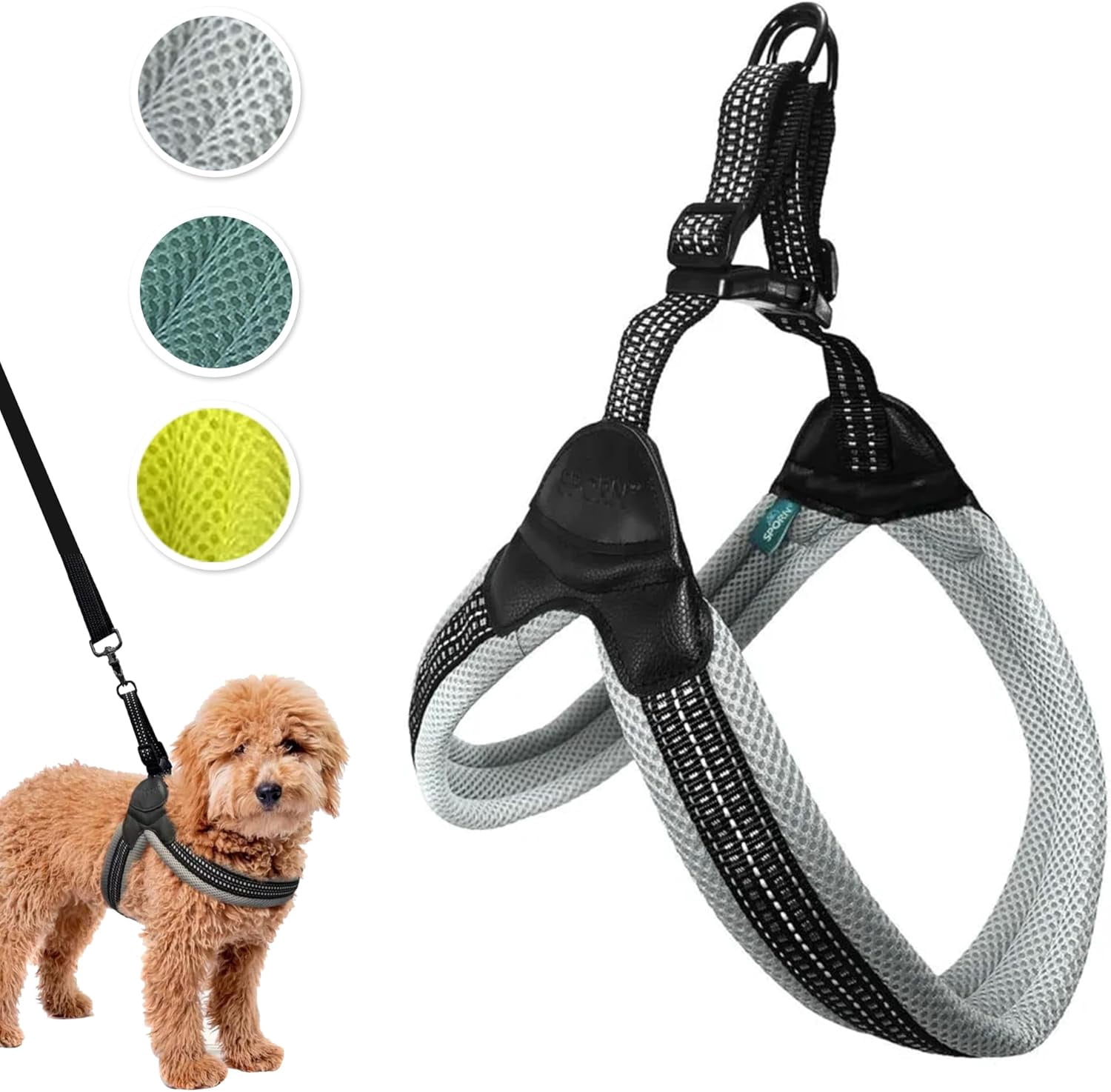Sporn Easy Fit Adjustable Dog Harness for Large Dogs, Reflective Step-In Walking Harness, Gray, 24–36"" Girth