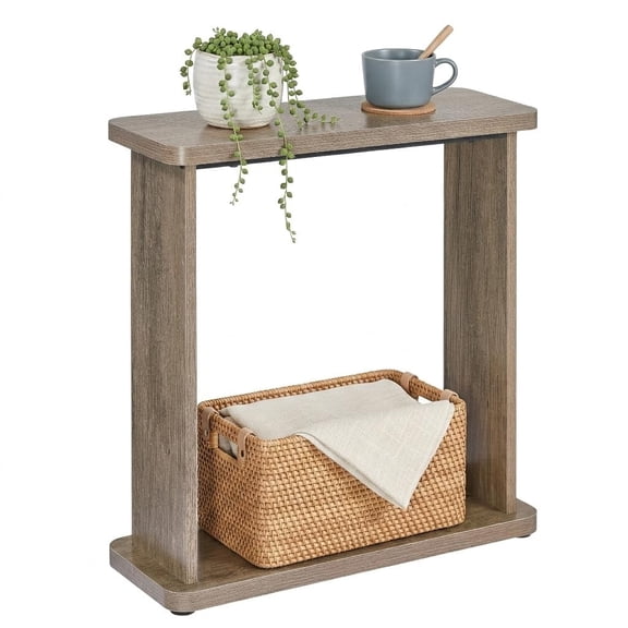 Oak Narrow Side Table, 2-Tier Slim Sofa End Table for Small Spaces
