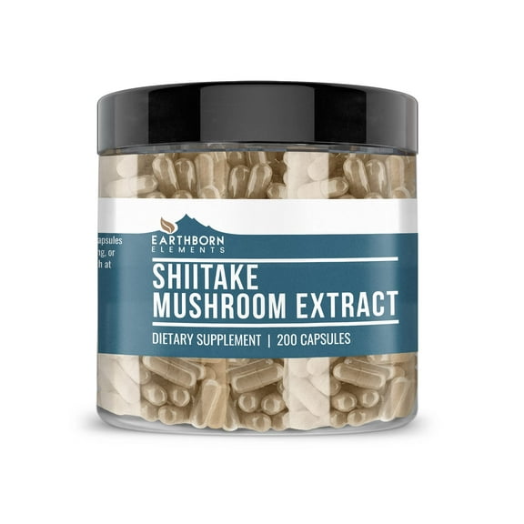Earthborn Elements Shiitake Mushroom Extract 200 Capsules, Pure & Undiluted, No Additives