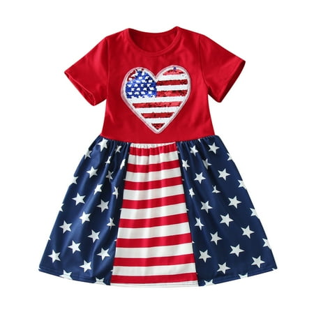 

Wiueurtly Toddler Kids Girls Clothes Summer Independence Day Stars Stripes Glitter Sequin Dress Casual Ruffle 4th Of July Dresses Outfits Seersucker Dress Girls