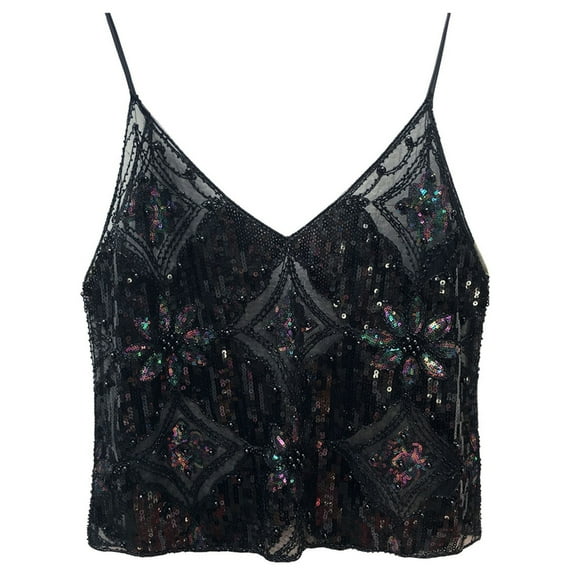 Women's Sparkly Sequins Sheer Mesh Cami Top Sleeveless V Neck Camisole Spaghetti Straps CropsTanks Top Party Clubwear