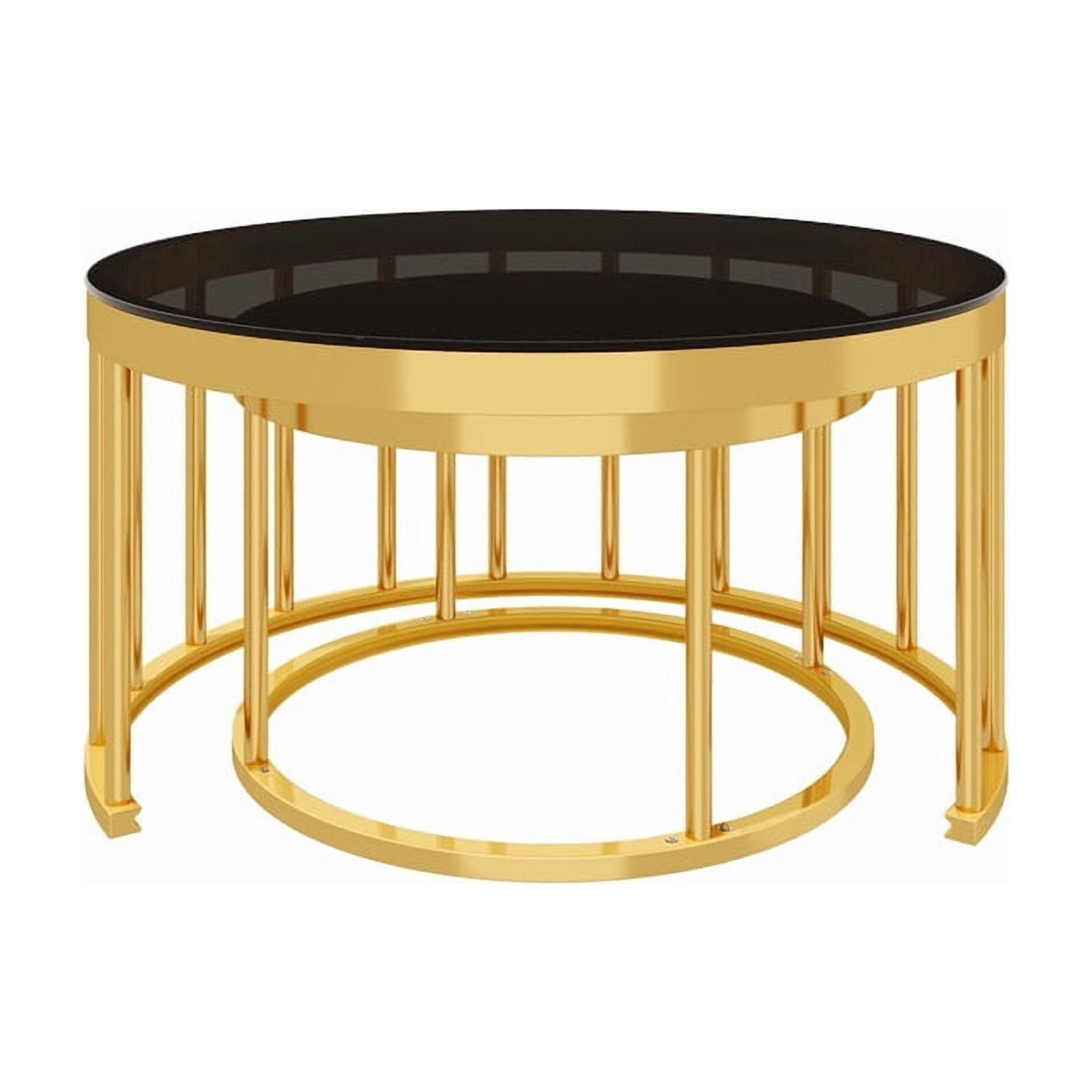 Round Nesting Coffee Table Set of 2, Modern Golden Metal Frame Accent Circular Cocktail Table with Mirrored Table Top