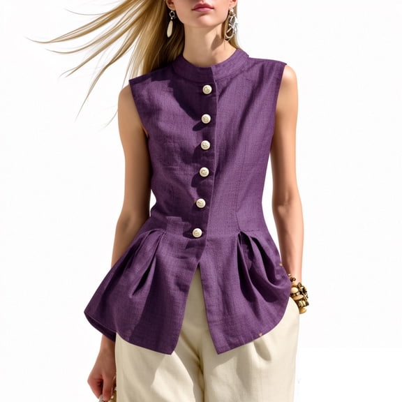 Vests for Women Stand Collar Waist Pleated Linen Blend Vest with Button Front Trendy Office Summer Waistcoat Purple S