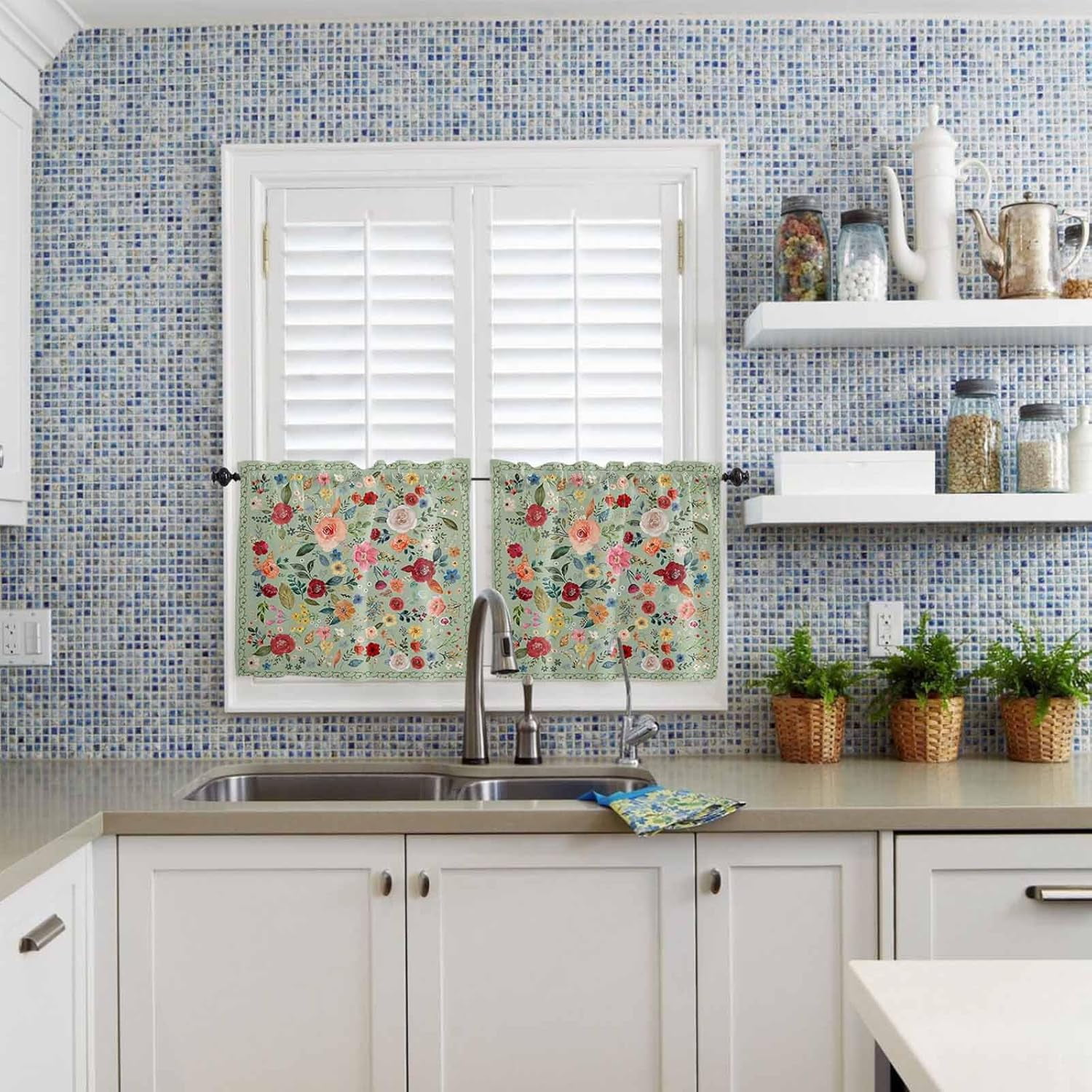 Flowers Sage Green Kitchen Curtains and Valances Set, Rod Pocket Curtains Tier Farmhouse Window Curtains 24 Inch Length, Botanical Colorful Floral Leaves 3 Piece Kitchen Curtains Set