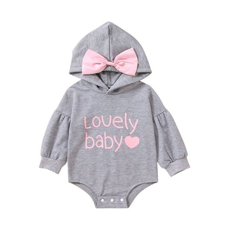 

Canrulo Newborn Infant Baby Girl Romper Cute Letter Long Sleeve Hooded Bow Jumpsuit Playsuit Fall Clothes Gray 6-12 Months