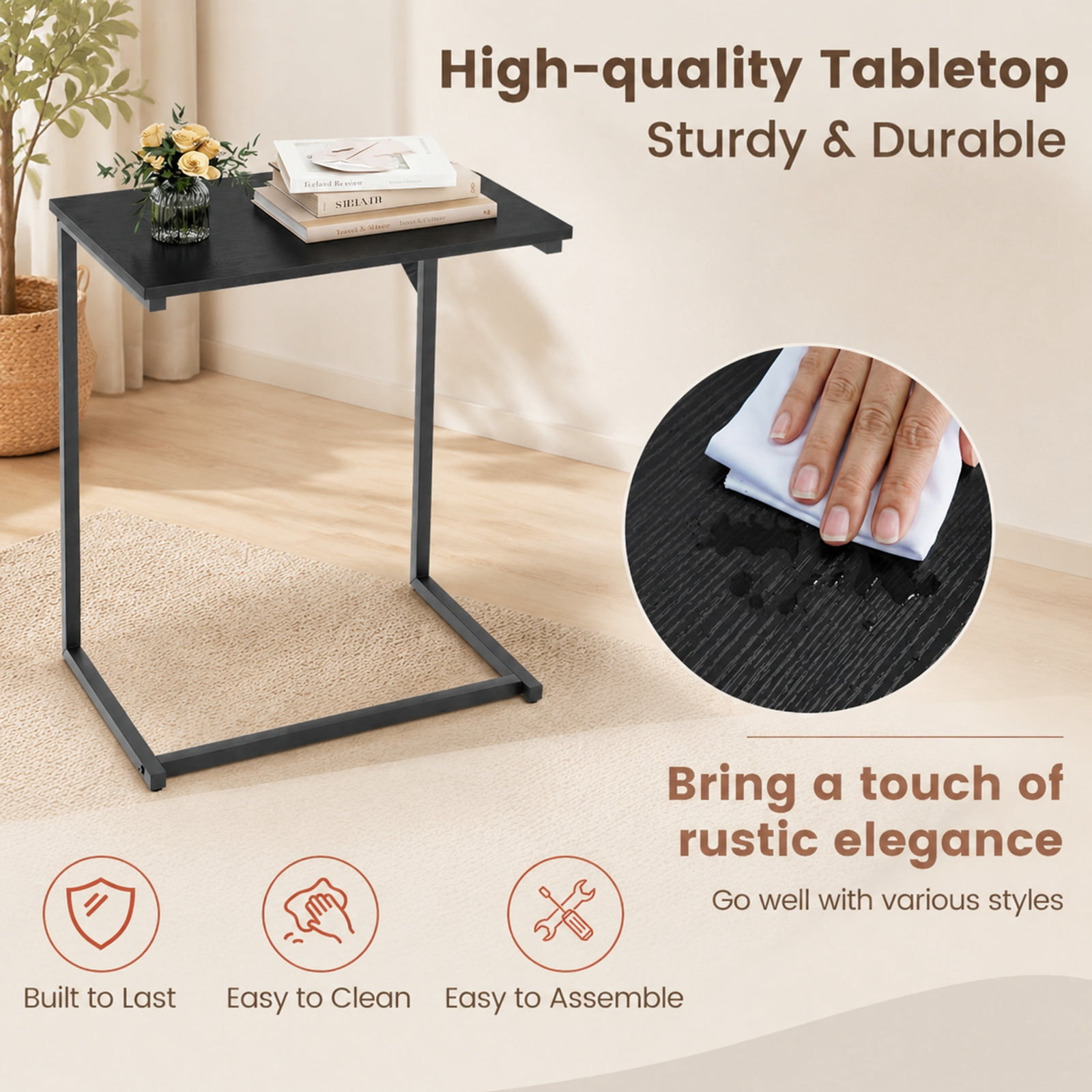 Furnibear C Shaped Side Table Sofa Snack End Table with Sturdy Metal Frame and Wood Grain Top for Living Room Bedroom and Couch, Black