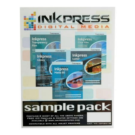 Inkpress Transparency Film - ISPI8511A Industrial / EDU Media Sample Pack - Contains 2 Sheets Each of the Following: Transparency Film, Clear Film, Glossy Paper, Matte 60 Paper, &