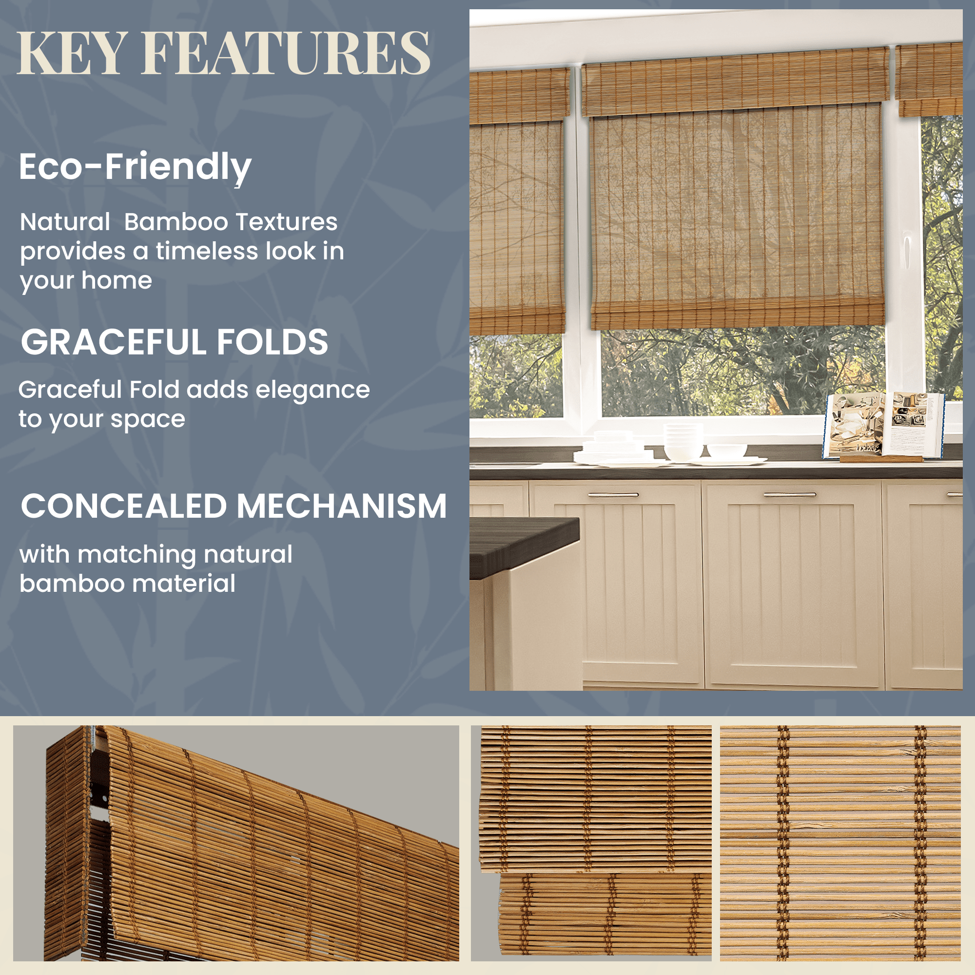 Natural Woven Light Filtering Cordless Bamboo Roman Shades for Windows, 48.5 in. W x 72 in. L, Butternut