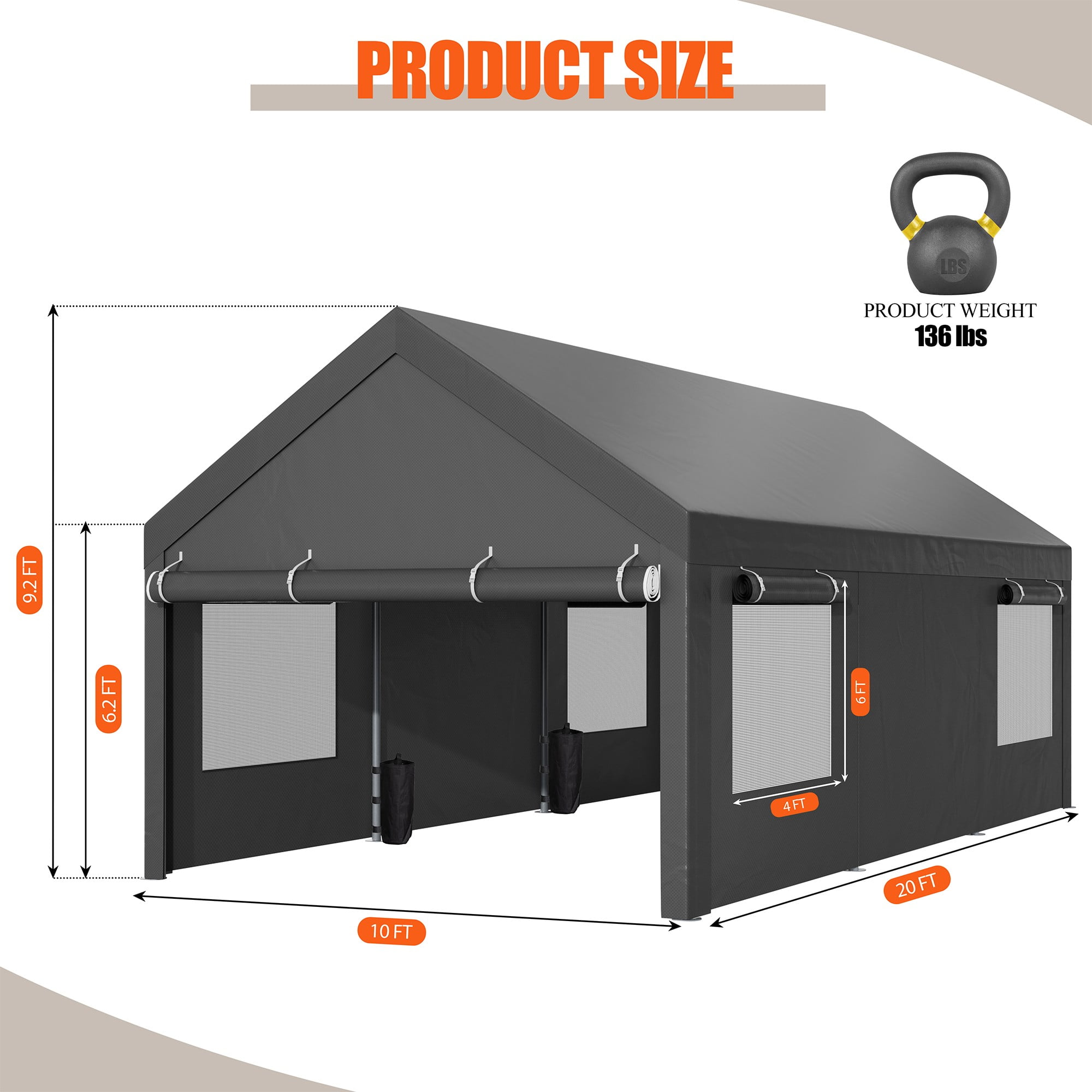 Walsunny Carport with 4 Sandbags 10x20 ft Heavy Duty Canopy with Roll-up Windows Portable Garage with Removable Sidewalls & Doors Car Canopy Gray