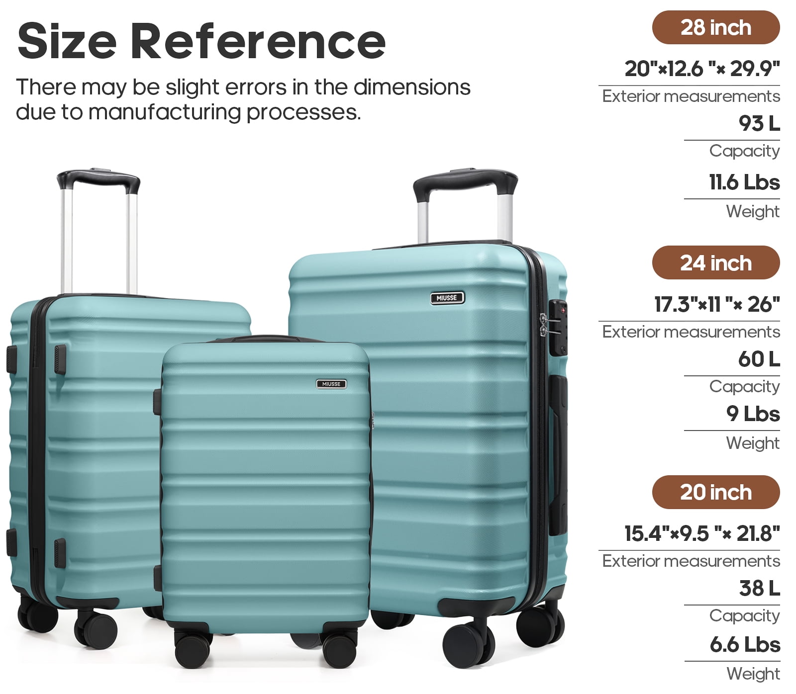 MIUSSE Hard Shell Luggage Sets, 3 Piece Luggage Set, 20/24/28 IN Carry On Luggage with TSA Lock Spinner Wheels, Hard Shell Suitcases Women Men