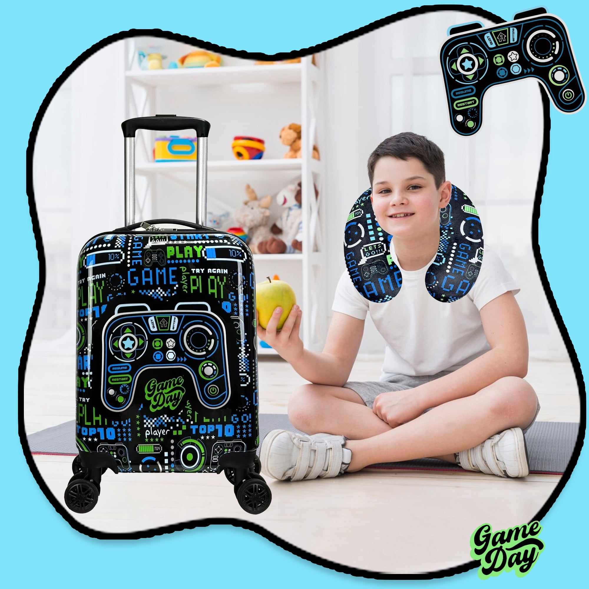 Kids Carry on Luggage Sets for Boys Suitcases with Wheels Hardshell Travel Essentials with Travel Pillow Duffle Bag 16 Inch