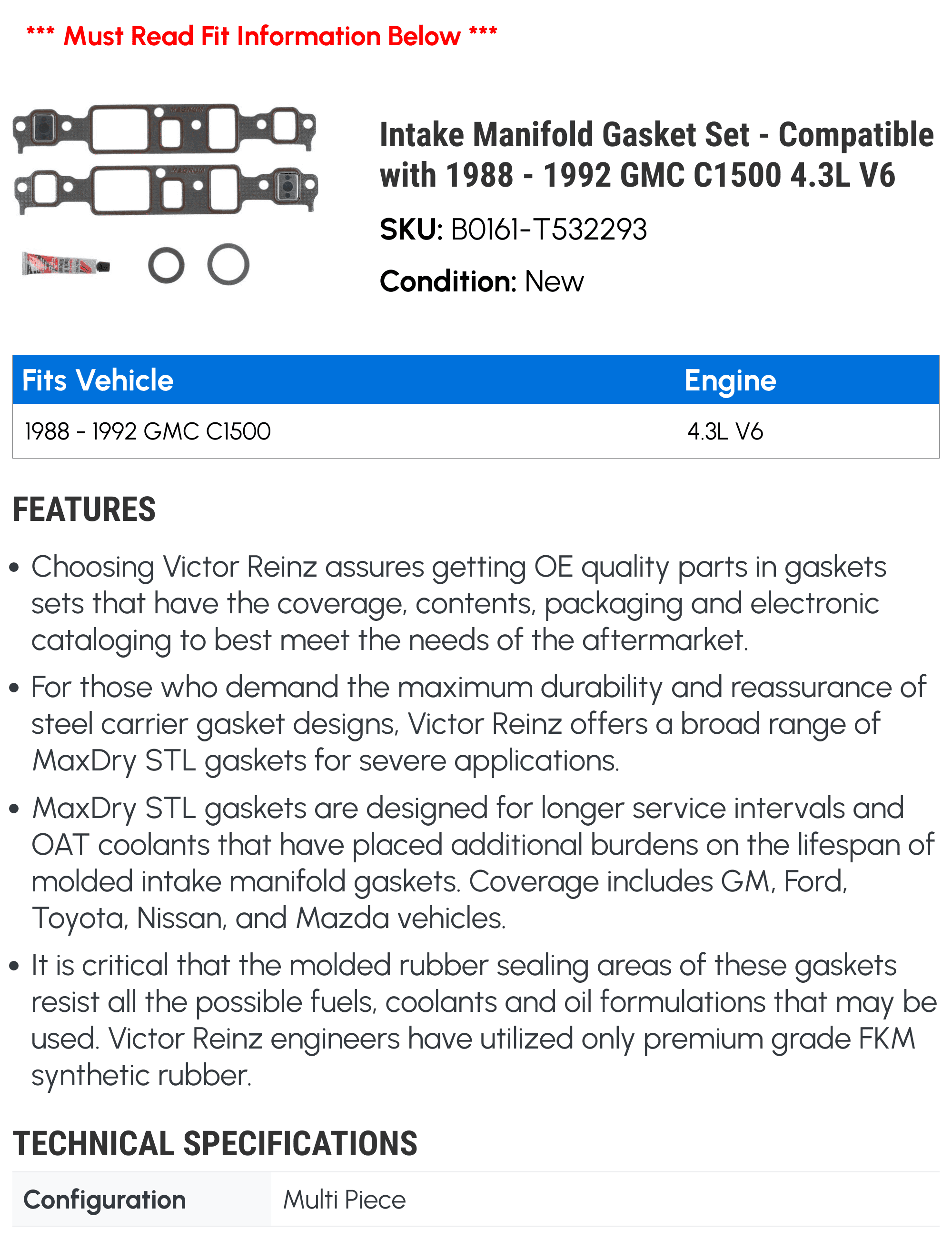 Intake Manifold Gasket Set - Compatible with 1988 - 1992 GMC C1500 4.3L V6 1989 1990 1991