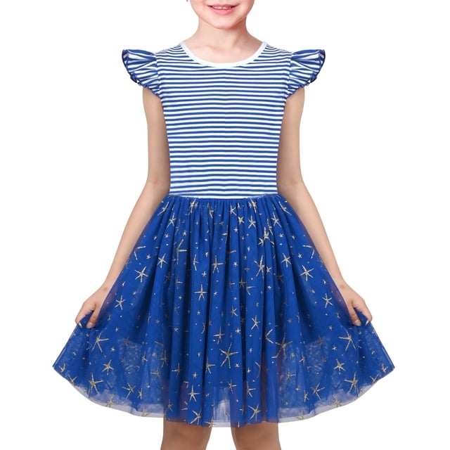 Vestido para Niña Azul Marino a Rayas Estrella Dorada con Volantes de Tul Verano Casual 6 Años