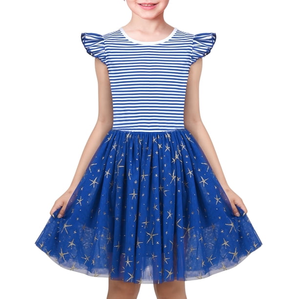 Vestido para Niña Azul Marino a Rayas Estrella Dorada con Volantes de Tul Verano Casual 6 Años