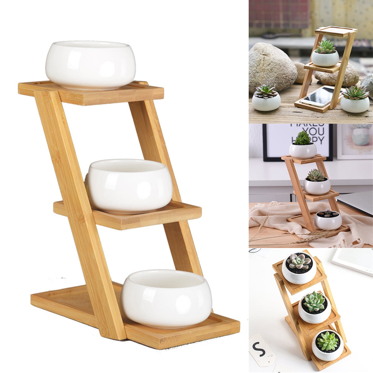 Bamboo Plant Stand 3 Tier Succulent Flower Rack Desk Decor