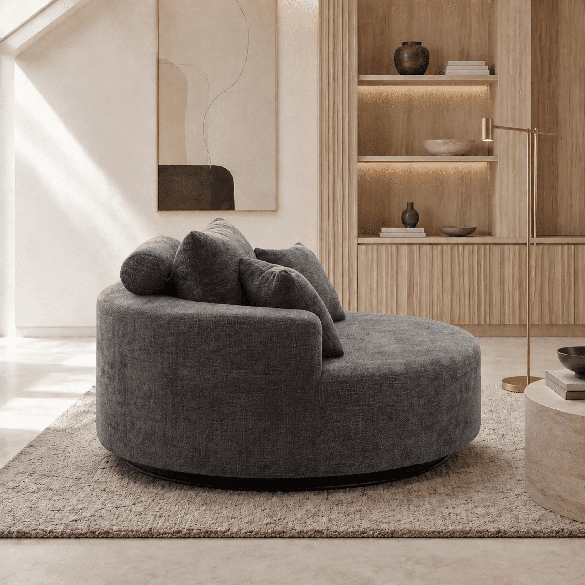 Aukfa 55" Oversized Round Chaise Lounge Chair, Chenille Lounge Sofa with 3 Pillows & Wide Armrests,Gray