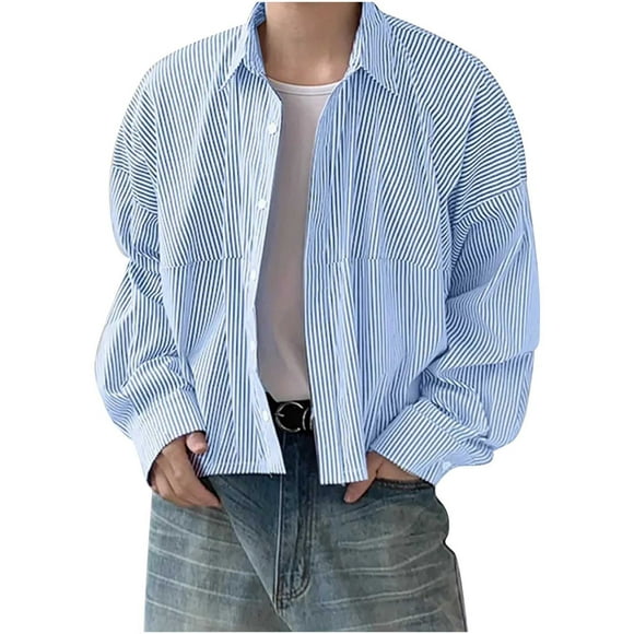 LNWUY Mens Long Sleeve Button Down Shirt Vintage Striped Casual Cotton Business Work Lightweight Beach Wedding Dress Shirts Blue M