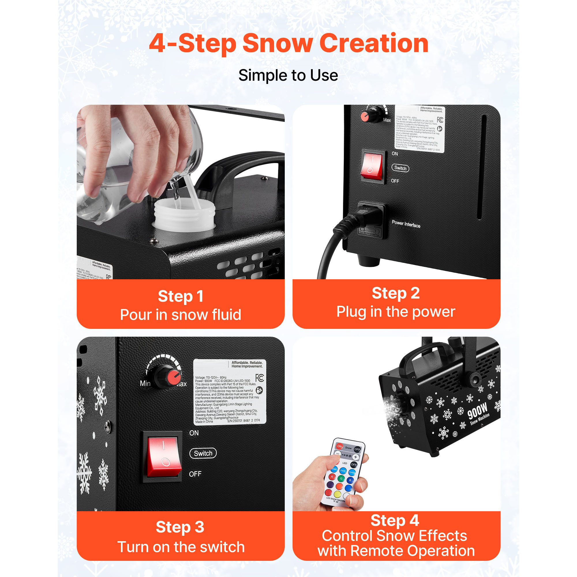 KFFKFF 900W Snow Machine with 9 LED RGB Lights, 12 Color Options, and Wireless Remote, Versatile Handheld or Hanging Design, 1L Tank for Outdoor Snow Effects at Christmas Parties