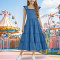 thumbnail image 2 of Girl Ruffle Dresses, Tween Summer Solid Color Sleeveless Tiered A-Line Sundress, Long Maxi Beach Boho Dress Child Dress Short Sleeve Blue 9Y, 2 of 6