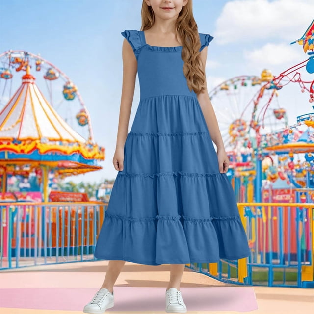 QTBIUQ Robe d'Été Unie pour Fille à Petites Manches Volantées, Col Rond, Patchwork, Jupe Longue avec Fermeture Éclair, Décontractée, Quotidienne, Vacances, Fête, Jeu, Ensemble, Style Mignon (Bleu, 7 Ans)