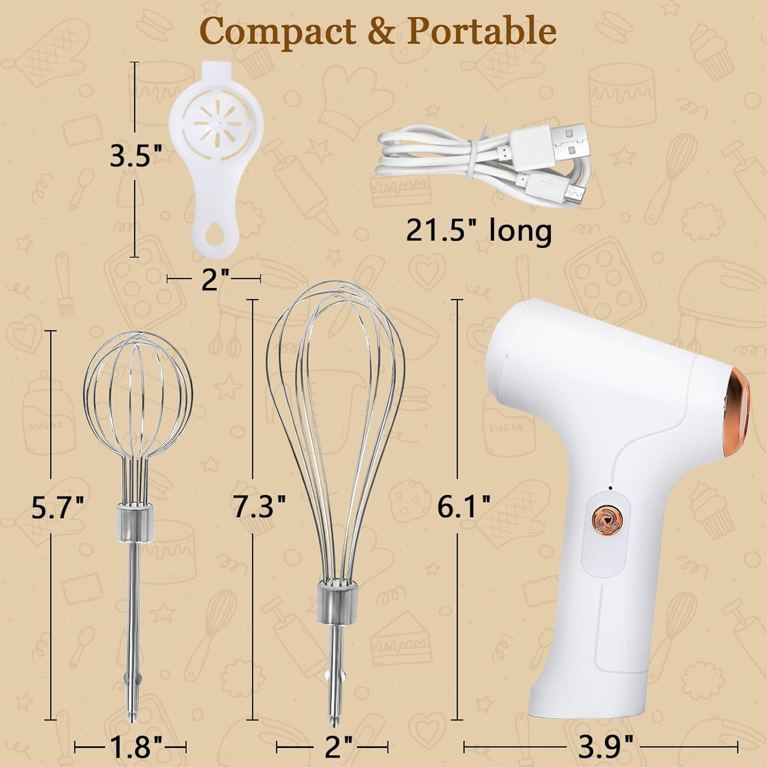 ABCISI Portable Cordless Hand Mixer, Handheld Electric Whisk with 3 Speed Modes, Egg Beater with 2 Detachable Stir Whisks for Eggs/Milkshake Cream/Butter/Baby Food (White)
