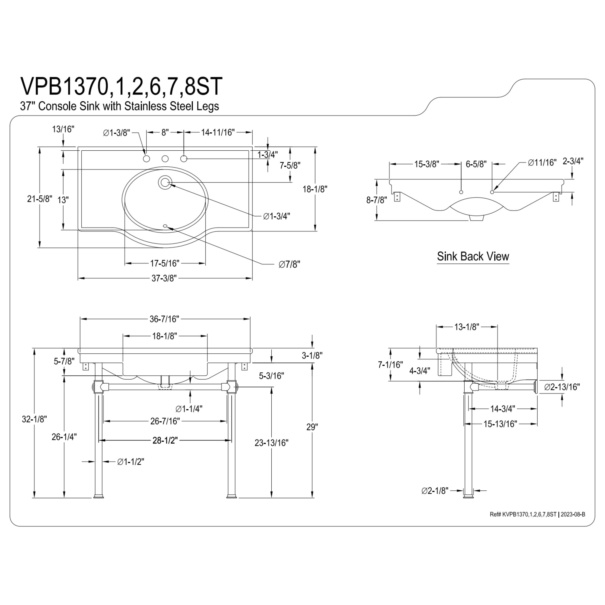 Kingston Brass VPB1377ST Templeton 37" Ceramic Console Sink with Stainless Steel Legs (8-Inch, 3-Hole), White/Brushed Brass