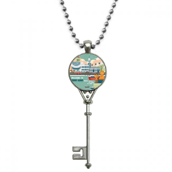 Wellcome to Hong Kong China Pendant Vintage Necklace Silver Key Jewelry