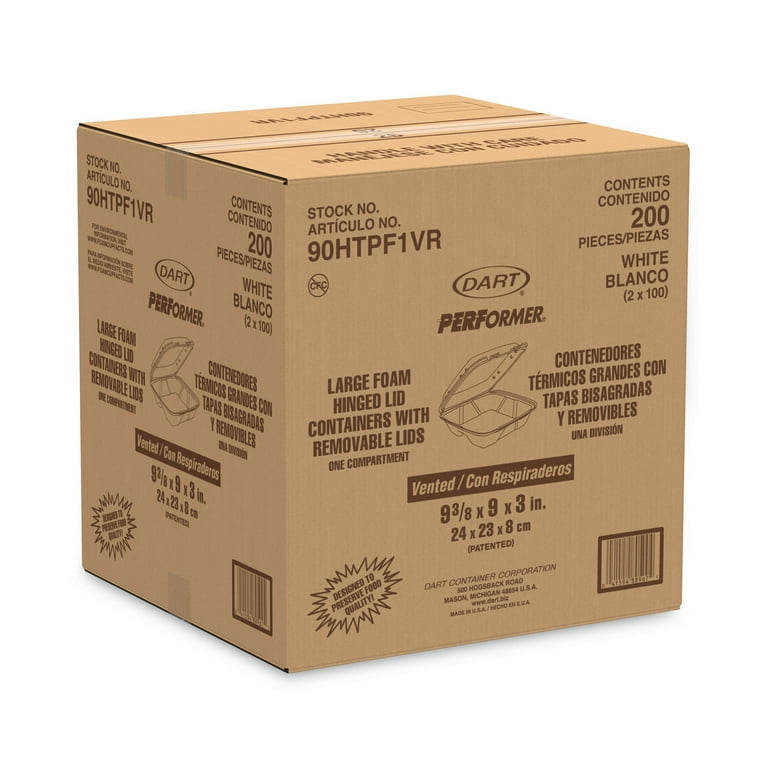 Foam Hinged Lid Container, Vented Lid, 9 x 9.4 x 3, White, 100/Pack, 2 Packs/Carton Foam Hinged Lid Container, Vented Lid, 9 x 9.4 x 3, White, 100/Pack, 2 Packs/Carton