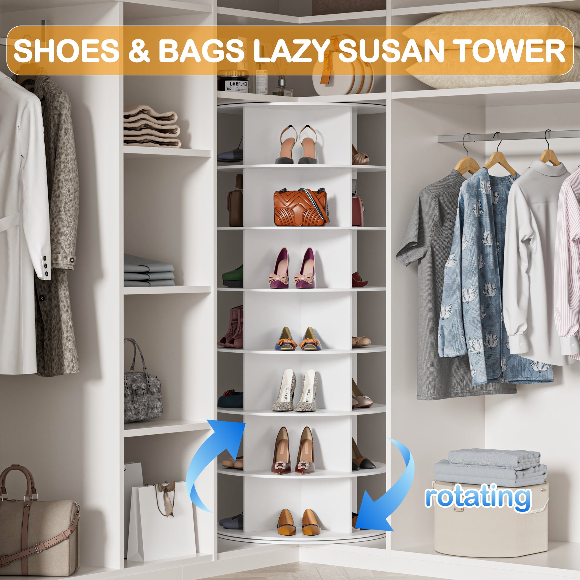 Magic Union 7 Tier Rotating Shoe Rack Tower, Spinning Shoe Display Lazy Susan, Revolving 360 Shoe Rack Storage Round Carousel, Vertical Handbag Rotate Shoes Closet Organization