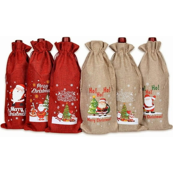 6 Pack Christmas Burlap Wine Bags Wine Gift Bags, Reusable Wine Bottle Bags with Drawstring, Tag & Rope, Xmas Bottle Covers for Wedding, Birthday, Party, Blind Tastings, Home Storage