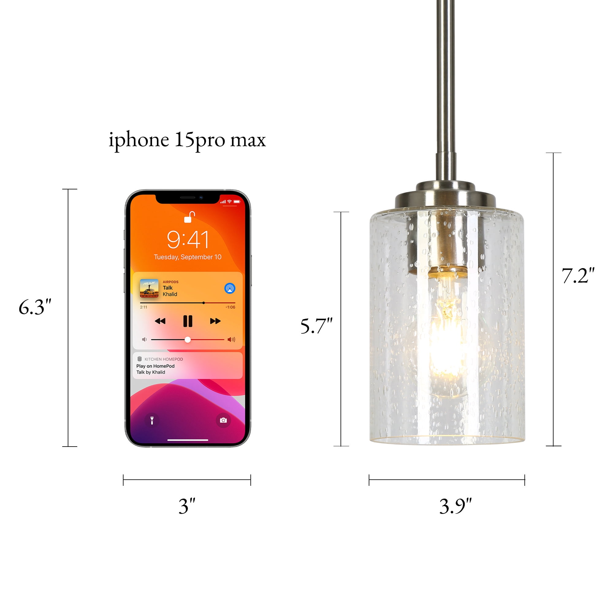 LNC 1-Light Mini Nickel Pendant Light,Cylinder Seeded Glass,60W Medium Base,Dimmable,Adjustable Height,for Kitchen Island,Sink