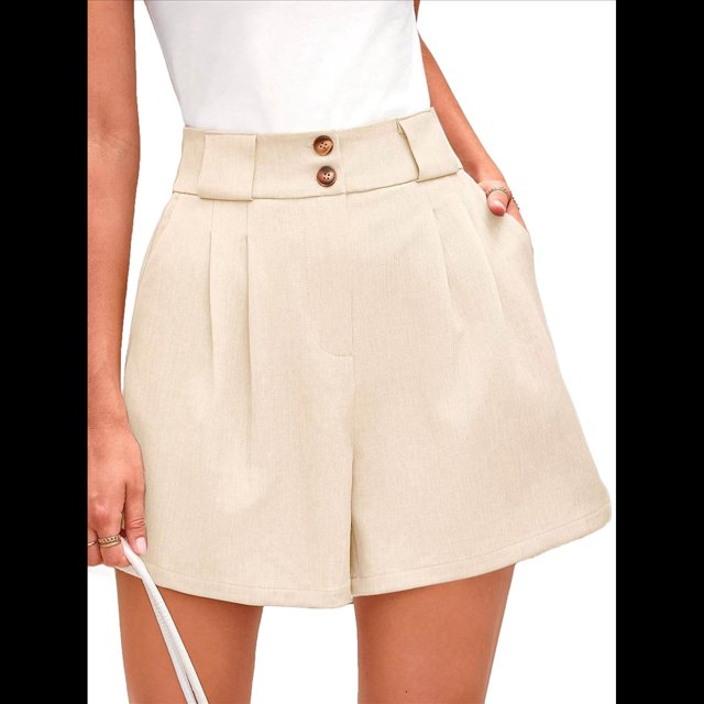 Pantalones Cortos de Trabajo Informales para Mujer, de Verano 2025, con Cintura Alta Elástica, Plisados, Aberturas Laterales y Bolsillos. Beige M