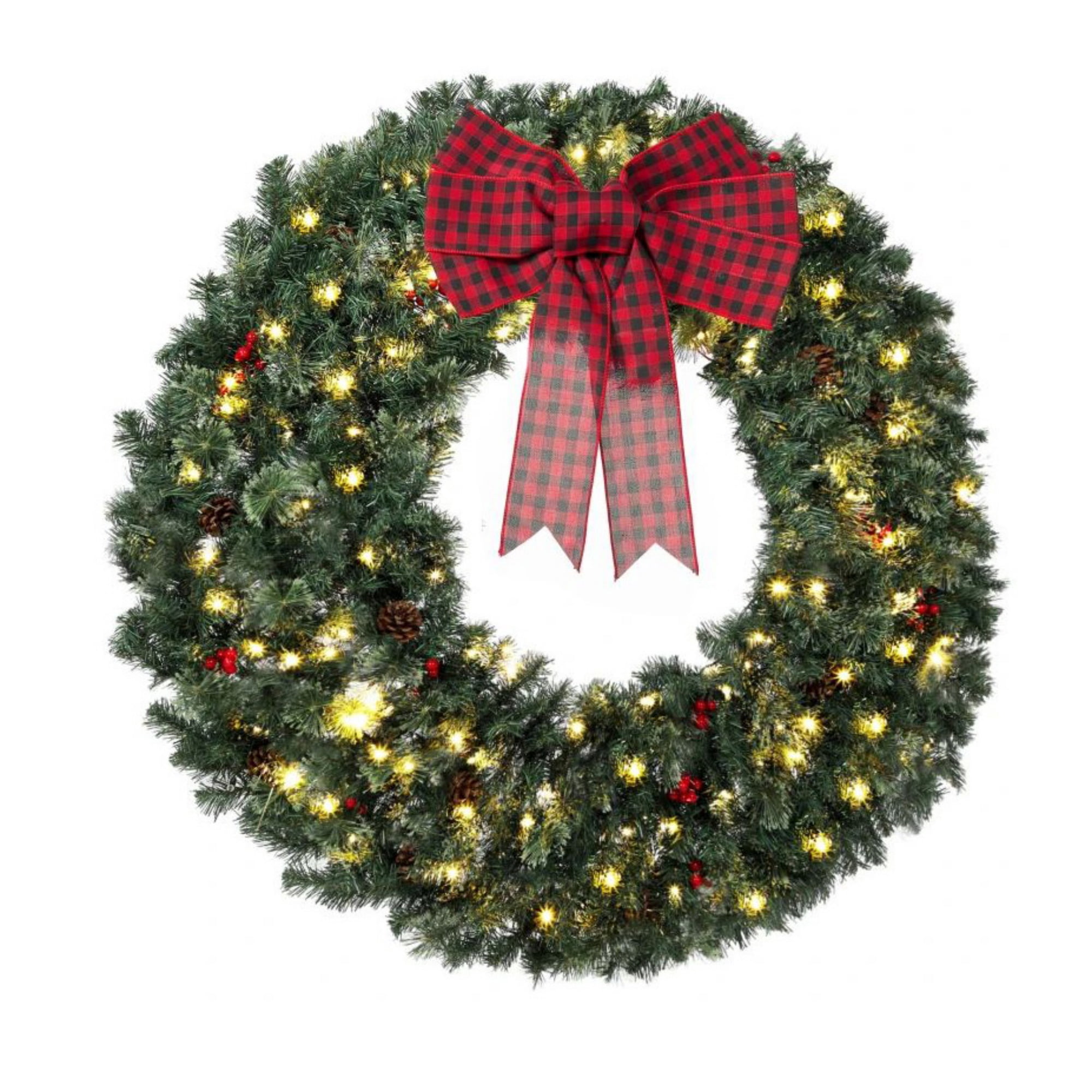 Pre-Lit Holiday Wreath with 150 Warm White LED Lights, 8 Lighting Modes, 48 in Diameter, PVC Tips and Steel Frame, Red Berries, Pinecones and Buffalo Plaid Bow for Front Door and Mantel