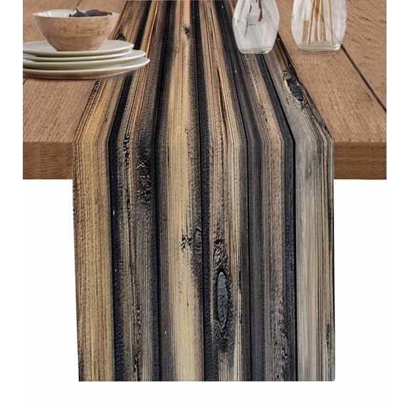 Vintage Wooden Burlap Cotton Table Runner 14x72 Inches Long, Farmhouse Retro Black Brown Farmhouse Table Runners, Outdoor Dining Tablecloths Decor for Baby Shower/Party/Wedding