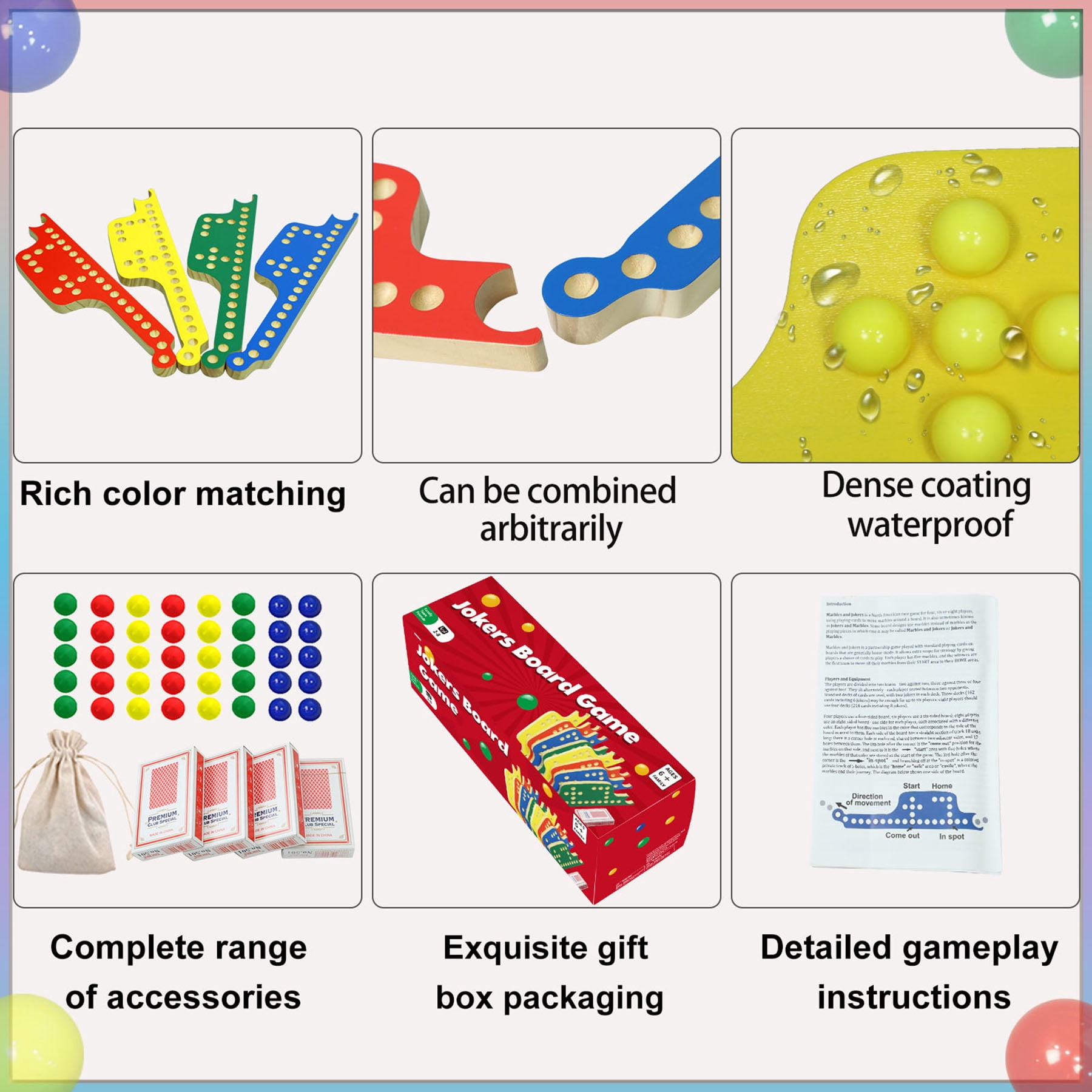 Colorful Jokers and Marbles Board Game Pegs and Jokers Card Game for 2-8 Players Included 8 Boards 8 Colored 40 Marbles 4 Decks of Cards