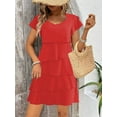 thumbnail image 5 of Women'S Elegant Chiffon Dresses Ruffle Tiered Layered Crewneck Flutter Sleeve Cocktail Party Flowy Midi Dress Red XL, 5 of 7
