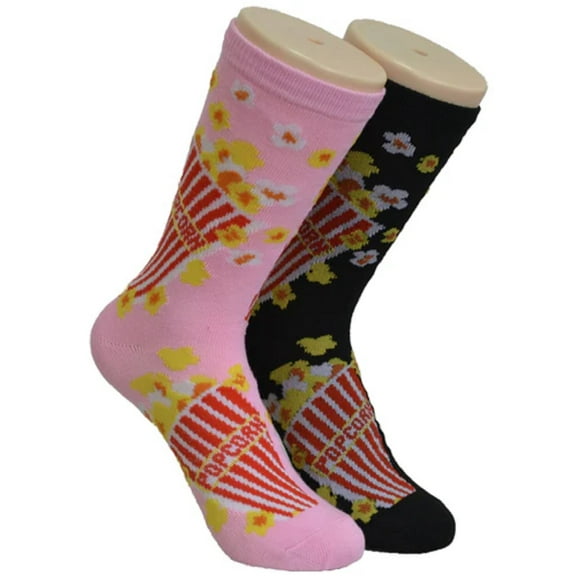 Foozys Small/Medium Novelty Crew Socks | Movie Popcorn Cute, Fun & Makes a Great Gift! | 2 Pair (Black & Pink) | Women’s Shoe Size 4-10