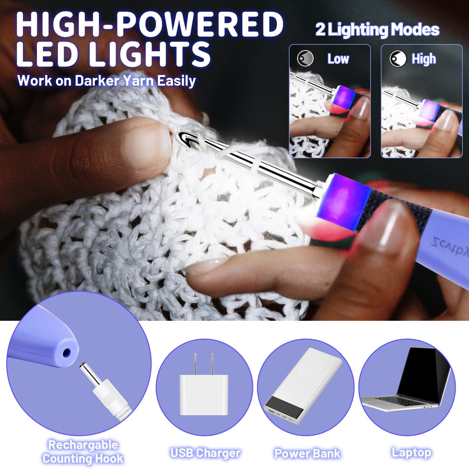 Ycxydr Digital Counting Crochet Hook Set with 12 Hooks, LED Light, Ergonomic Grip, Digital Stitch Counter