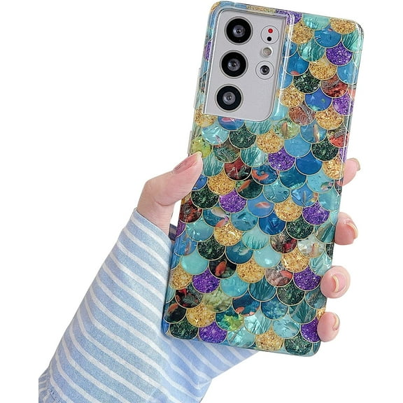 Compatible with Samsung Galaxy S21 Ultra 5G 6.8 inches Case Luxury Electroplated Mermaid Fish Scales Phone Case Gradient for Women Soft Glossy Shockproof Cover Bumper
