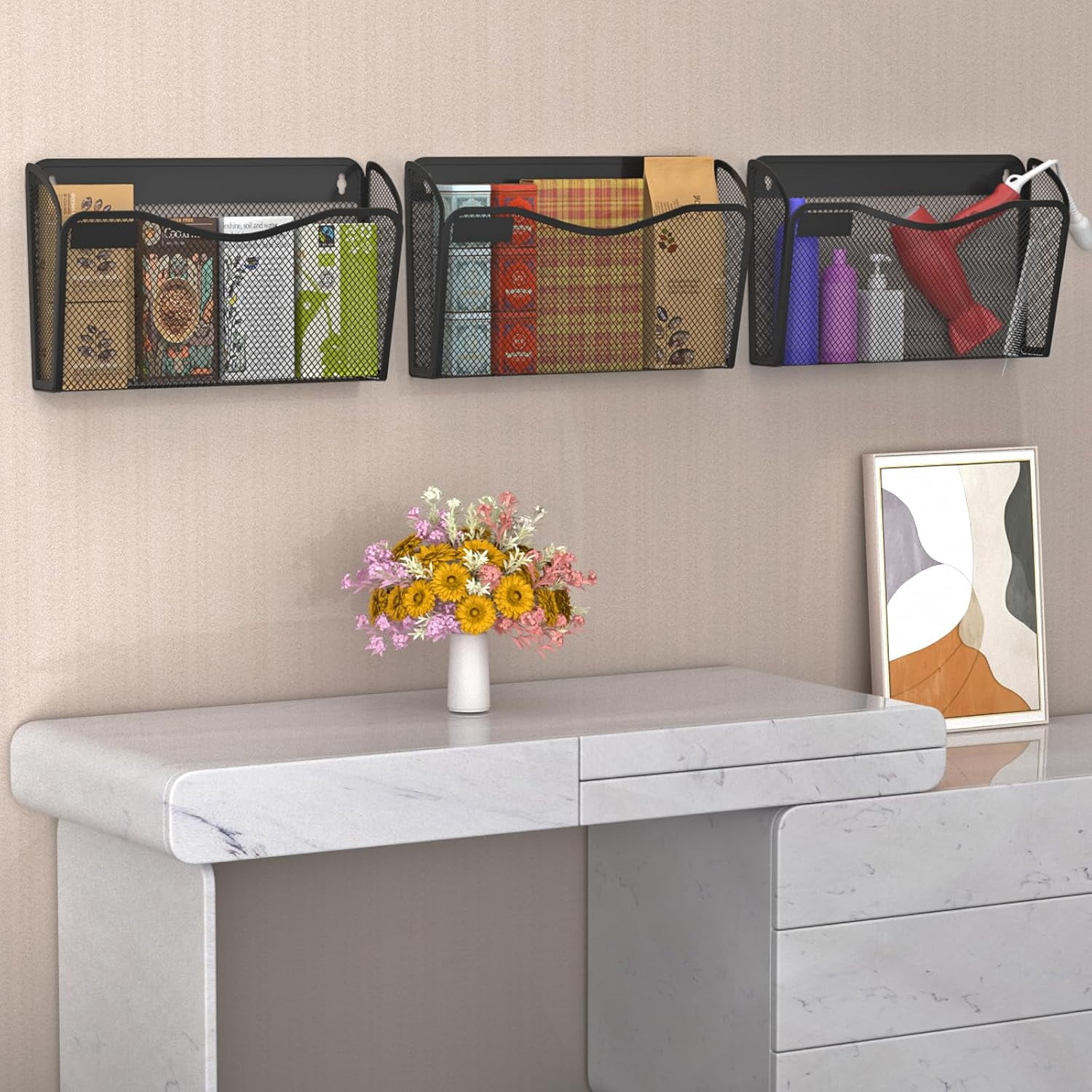 Wall File Organizer, Mesh Hanging File Organizer, Home Office Organization and Storage, 6 Single Pockets Document Magazine Rack