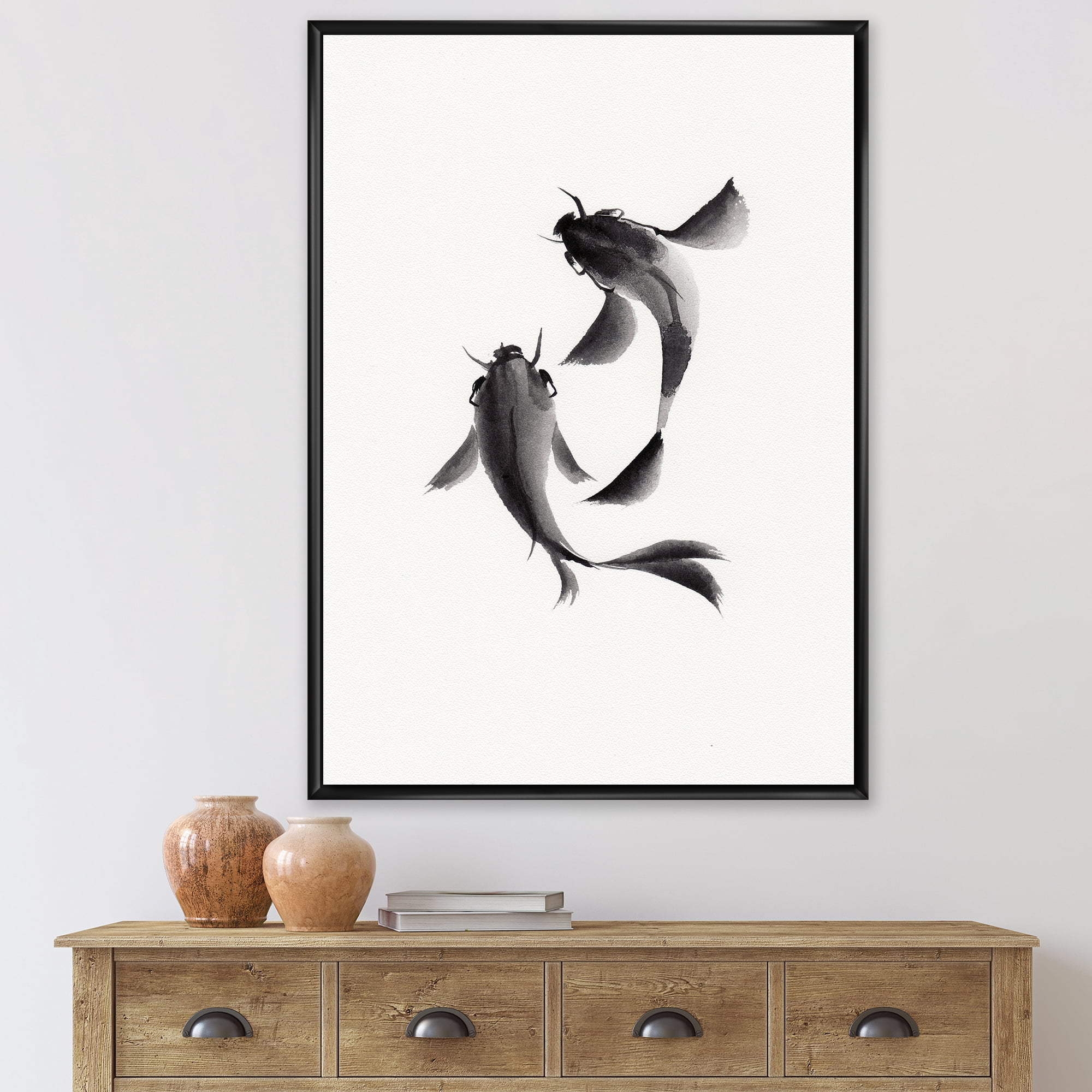 Designart 'Black and White Vintage Fish II' Nautical & Coastal Framed Canvas Wall Art Print