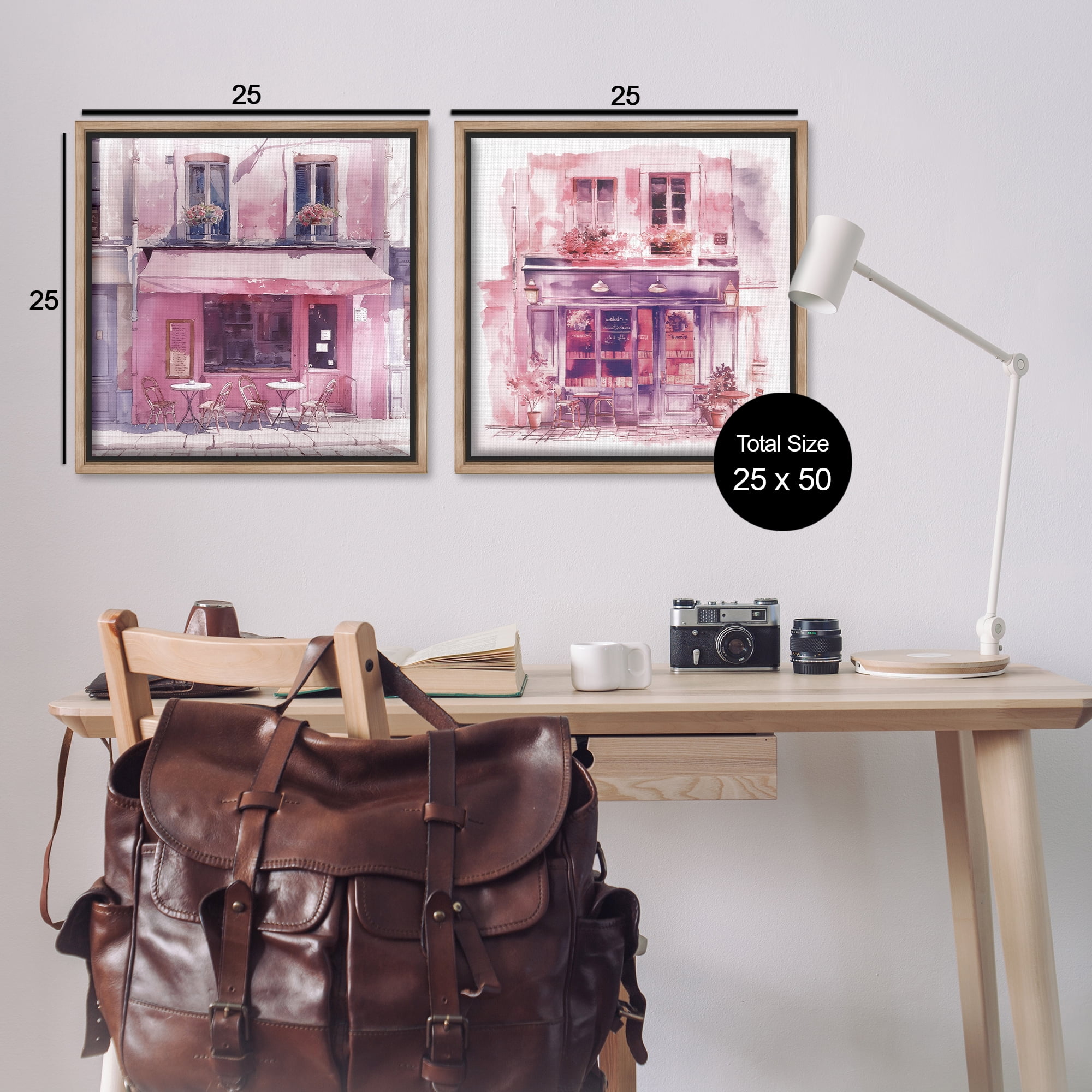 Stupell Industries Pink Outdoor Café Tables Buildings & Architecture Painting Brown Floater Framed Canvas Art Print Wall Art, 25 x 25, Set of 2