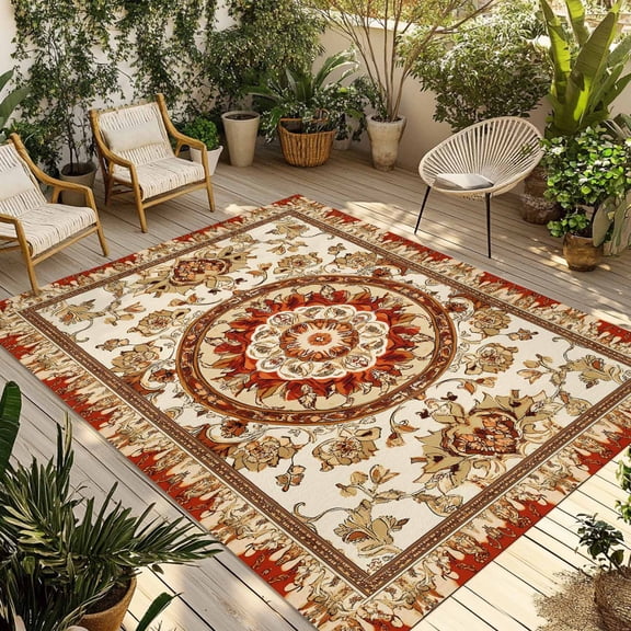 Burnt Orange Boho Outdoor Rug 6x9 Ft - Reversible Patio Rug Outdoor Camping Rugs, Beige Brown Ethnic Tribe Washable Indoor Outdoor Area Rugs, Non-Slip Outdoor Carpet Runner for Deck/Porch