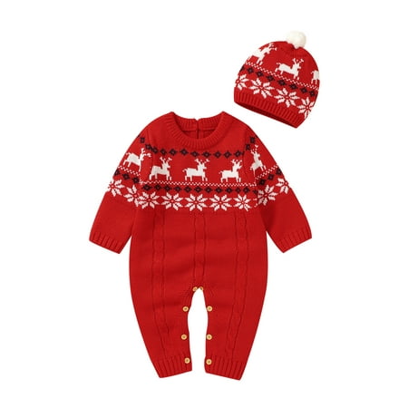 

Gureui Infant Baby Christmas Knit Romper with Hat Snowflake Elk Print Long Sleeves Round Neck Jumpsuit for Boys Girls 0-18 Months