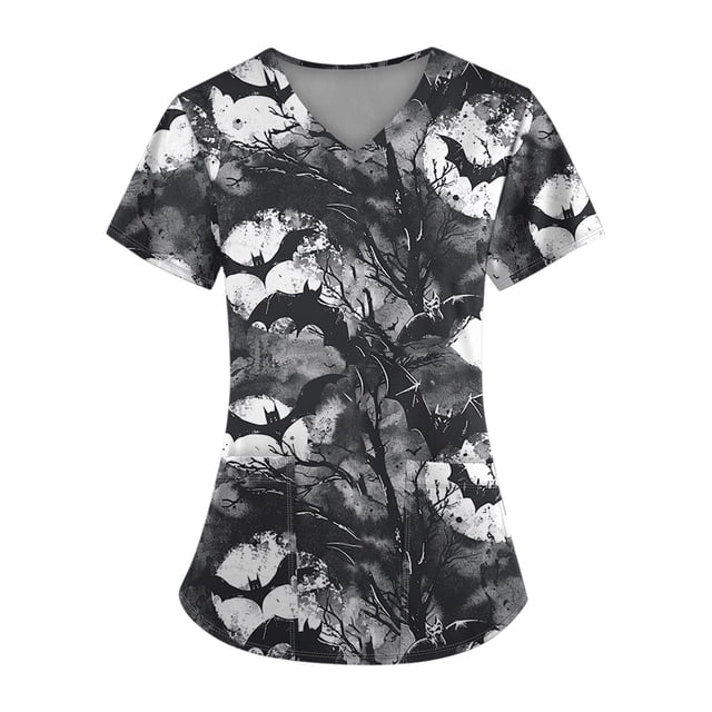 Camisa de uniforme médico de manga corta con cuello en V y temática de Halloween para mujer con estampado de calabaza