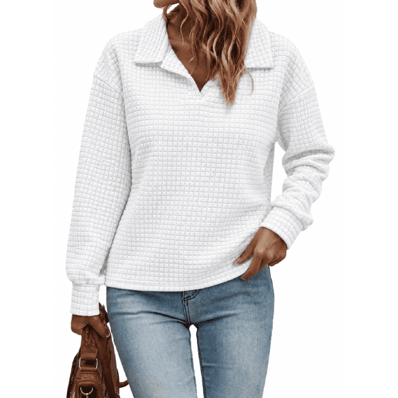 DOKOTOO Pullover Sweatshirts for Women Casual Textured Tops Lapel Collar Lightweight Shirts White L US12-14