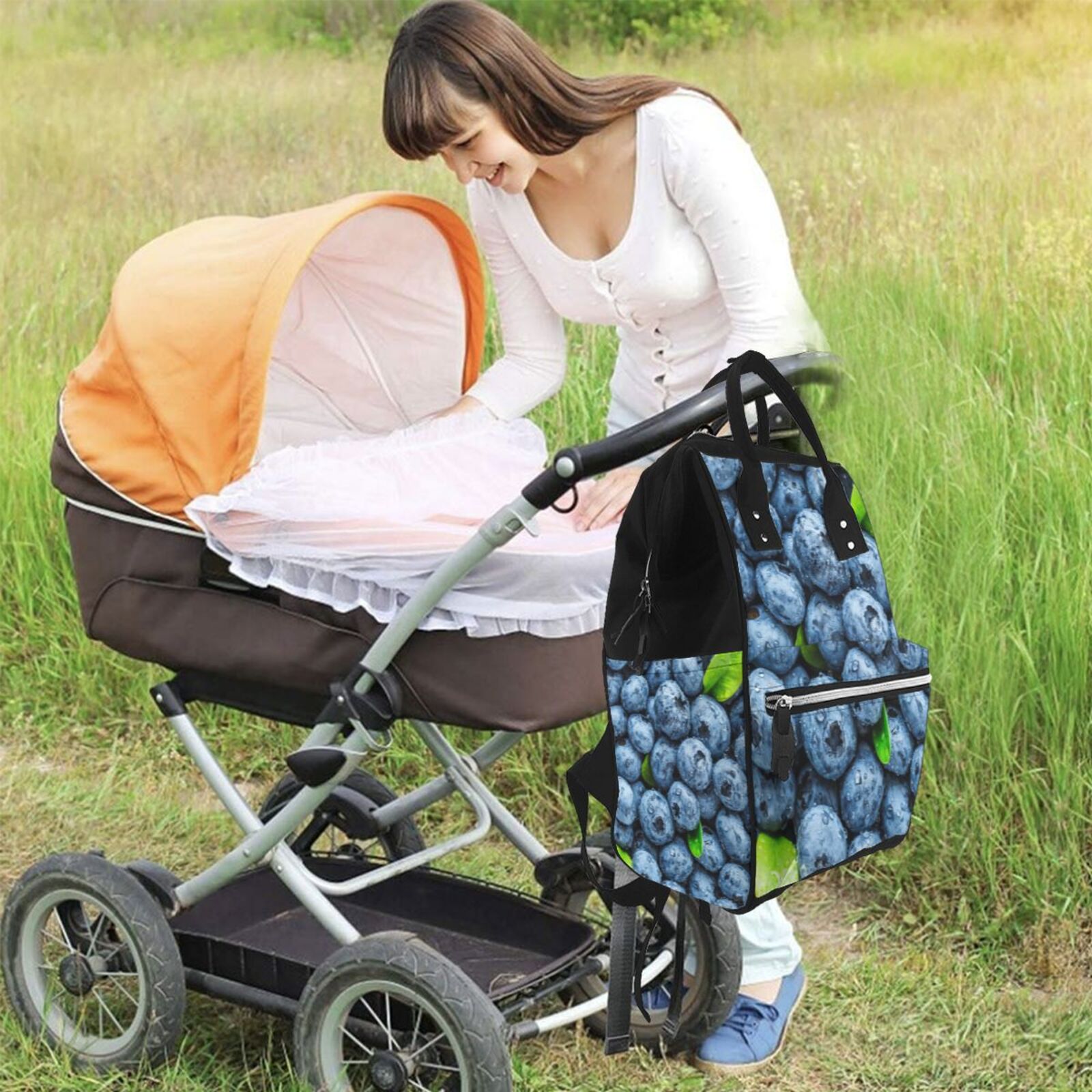 Ratiio Fresh Blueberries Mummy Backpack - Waterproof Twill Canvas, Large Capacity Diaper Bag with Multiple Pockets and Adjustable Straps