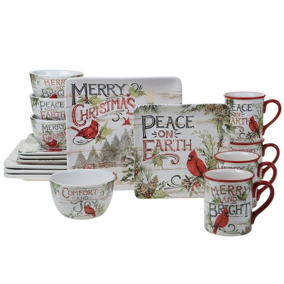 Evergreen Christmas 16-Piece Multicolored Earthenware Dinnerware Set (Service for 4)